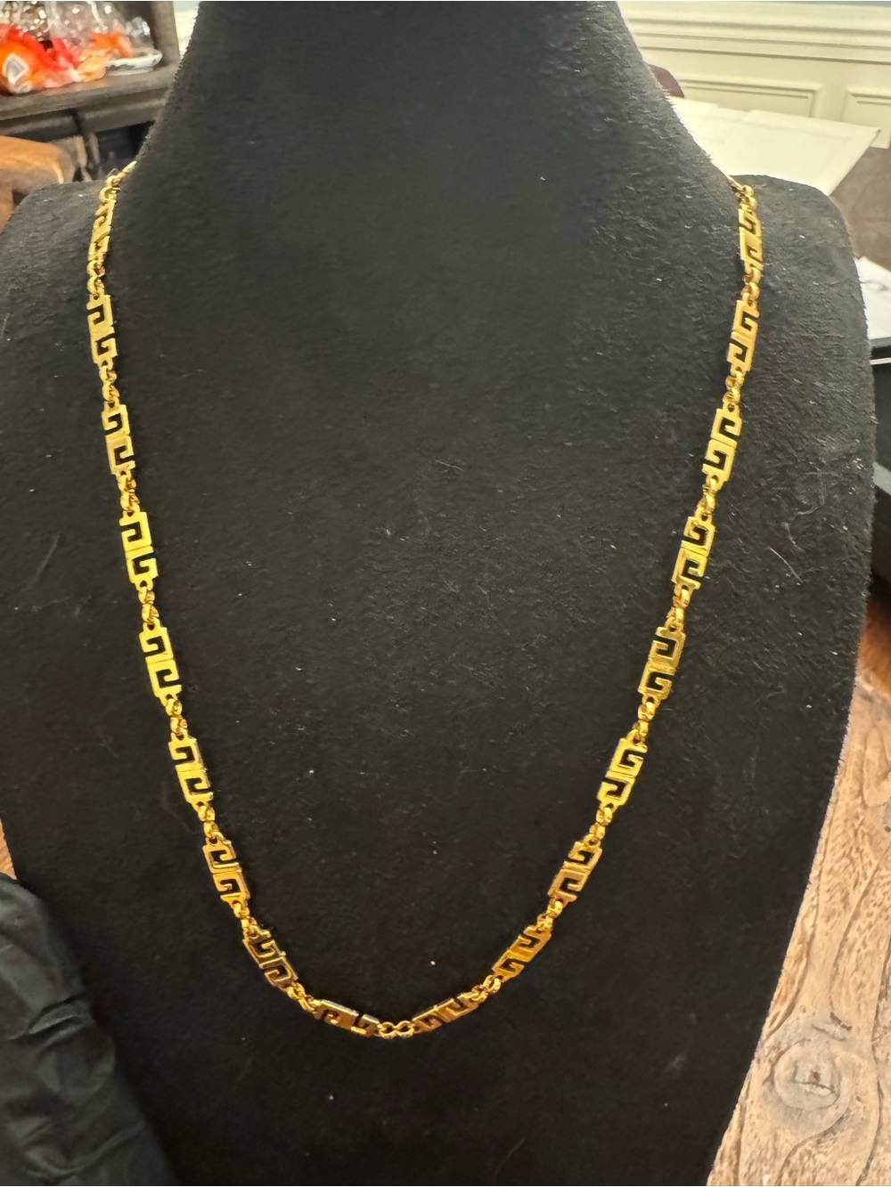 Gold Tone Greek Key Meander Necklace Geometric Chain Vintage Style Jewelry